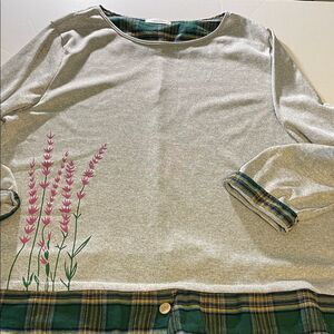 Chic Gray Blouse with Green Plaid and Floral Accents grandmacore